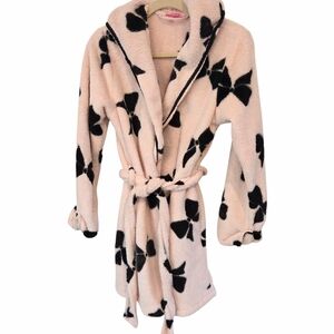 Betsey Johnson Pink Hooded Robe Black Bows Pockets Soft Cozy Coquette M